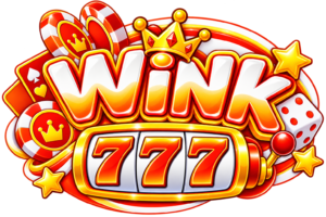 ภาพโลโก้ wink777plus ธีมเกมสล็อต 777 พร้อมมงกุฎ ชิปคาสิโน ลูกเต๋า และสัญลักษณ์เกมสีแดงทอง