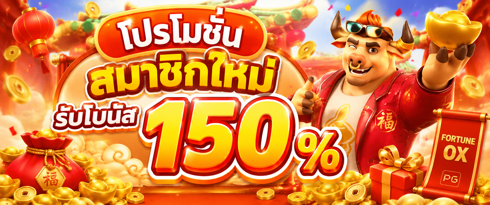 ภาพโปรโมชั่น wink777plus สมาชิกใหม่รับโบนัส 150% พร้อมตัวละคร Fortune Ox ธีมสีส้มทองและเหรียญมงคล