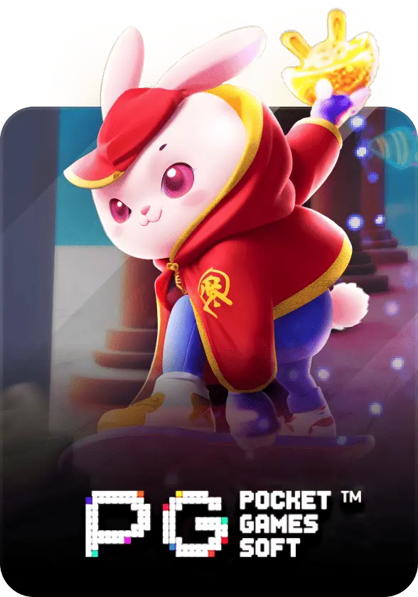 ภาพเกม PG Soft บนเว็บไซต์ wink777plus ตัวละครกระต่ายสีขาวสวมชุดสีแดง ถือถ้วยทอง พร้อมกราฟิกเกมสล็อตสไตล์แฟนตาซี